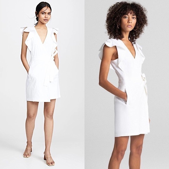 ALC Linen Blend Ruffled Flutter Short Sleeve Tie Waist V-Neck Mini Wrap Dress 10 - Picture 5 of 16